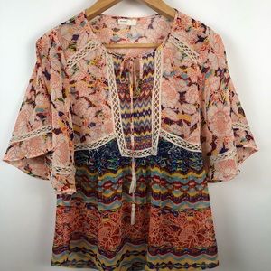 Meadow Rue Peasant Top Small Tie Neck Boho